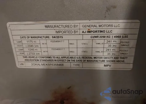 2015 GMC Terrain Sle-1 z USA, uszkodzony, nr VIN 2GKALMEK5F6358468